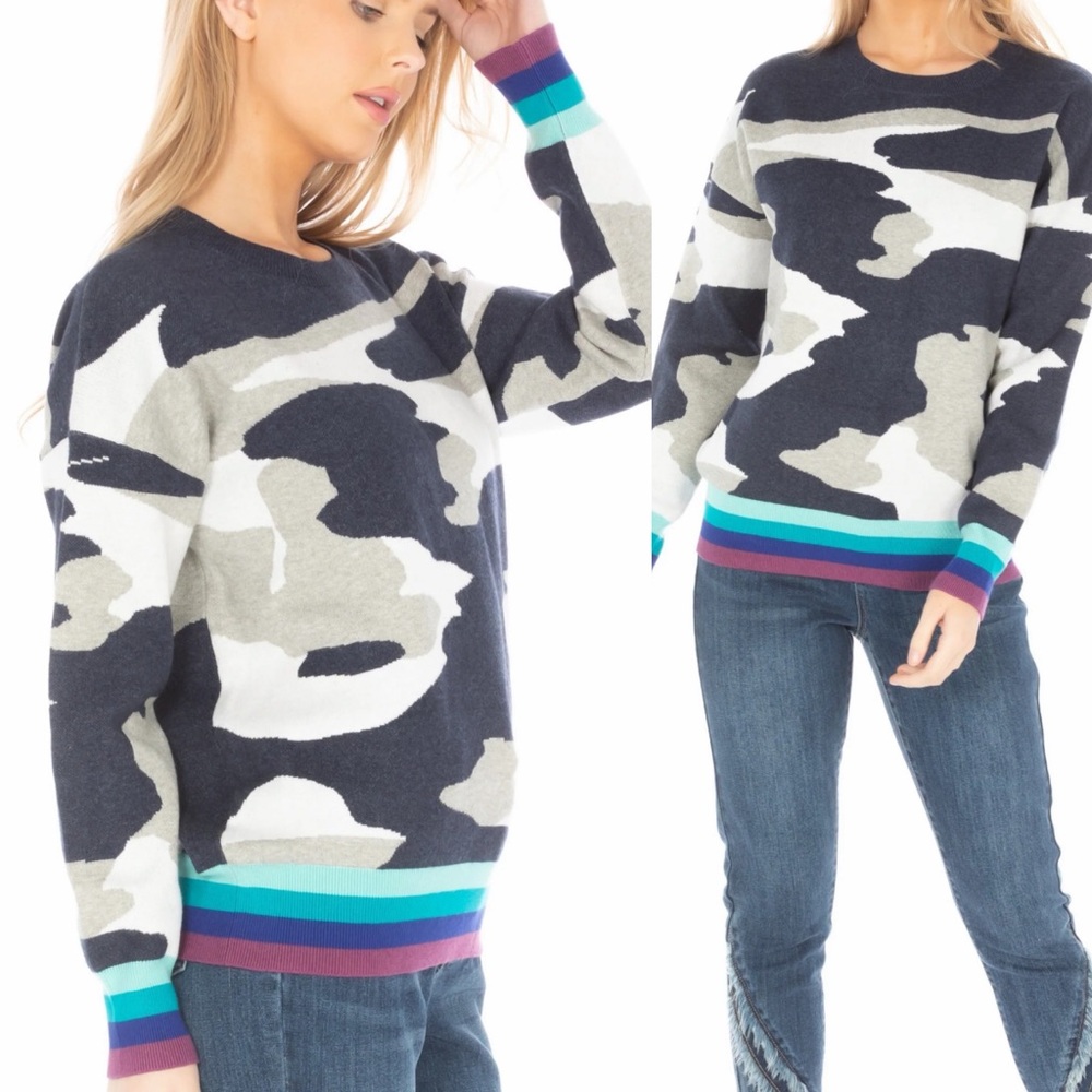 APNY Camo Houndstooth Pattern Pullover With Color Band Hem Size Large Blue